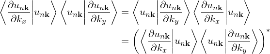 \[\begin{aligned}  \left\langle \frac{\partial u_{n\mathbf{k}}}{\partial k_x} \middle| u_{n\mathbf{k}} \right\rangle \left\langle u_{n\mathbf{k}} \middle| \frac{\partial u_{n\mathbf{k}}}{\partial k_y} \right\rangle &=\left\langle u_{n\mathbf{k}} \middle| \frac{\partial u_{n\mathbf{k}}}{\partial k_y} \right\rangle   \left\langle \frac{\partial u_{n\mathbf{k}}}{\partial k_x} \middle| u_{n\mathbf{k}} \right\rangle \\& =\left( \left\langle \frac{\partial u_{n\mathbf{k}}}{\partial k_x} \middle| u_{n\mathbf{k}} \right\rangle \left\langle u_{n\mathbf{k}} \middle| \frac{\partial u_{n\mathbf{k}}}{\partial k_y} \right\rangle \right)^*\end{aligned}\]